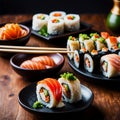 Japanese Cuisine Sushi Seafood Sushi Set Nigiri and Sushi Rolls with Rice Fish and Vegetables Delicious Food Savor Culinary Art Royalty Free Stock Photo