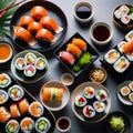 Japanese Cuisine Sushi Seafood Sushi Set Nigiri and Sushi Rolls with Rice Fish and Vegetables Delicious Food Savor Culinary Art