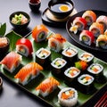 Japanese Cuisine Sushi Seafood Sushi Set Nigiri and Sushi Rolls with Rice Fish and Vegetables Delicious Food Savor Culinary Art