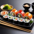 Japanese Cuisine Sushi Seafood Sushi Set Nigiri and Sushi Rolls with Rice Fish and Vegetables Delicious Food Savor Culinary Art