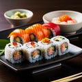 Japanese Cuisine Sushi Seafood Sushi Set Nigiri and Sushi Rolls with Rice Fish and Vegetables Delicious Food Savor Culinary Art