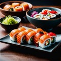 Japanese Cuisine Sushi Seafood Sushi Set Nigiri and Sushi Rolls with Rice Fish and Vegetables Delicious Food Savor Culinary Art