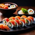 Japanese Cuisine Sushi Seafood Sushi Set Nigiri and Sushi Rolls with Rice Fish and Vegetables Delicious Food Savor Culinary Art