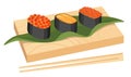 Japanese Cuisine Sushi Set Gunkanmaki Ikura with Salmon Roe, Tobiko with Flying Fish Roe or Uni with Sea Urchin on Board