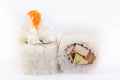 Japanese Cuisine, Sushi Set: roll with salmon, eel, cream cheese, avocado, Japanese omelette and salmon caviar on a white backgrou Royalty Free Stock Photo