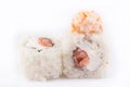 Japanese Cuisine, Sushi Set: roll with salmon, shrimp, cream cheese, tobiko caviar, Japanese mayonnaise on a white background. Royalty Free Stock Photo