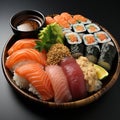 Japanese cuisine. Sushi set on wooden plate over dark stone background. Royalty Free Stock Photo