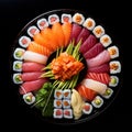 Japanese cuisine. Sushi set on a wooden plate over dark stone background. Royalty Free Stock Photo