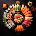 Japanese cuisine. Sushi set on a wooden plate over dark stone background. Royalty Free Stock Photo