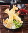 Japanese cuisine. tempura prawn on the background
