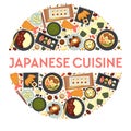 Japanese cuisine traditional dishes icons set in circle Royalty Free Stock Photo