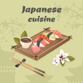 Japanese cuisine. Traditional oriental dish closeup with nigiri sushi roll, sashimi raw fish, seafood, shrimp, avocado, sakura Royalty Free Stock Photo