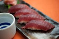 Japanese Cuisine Tuna Sushi and sake Royalty Free Stock Photo