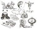 Japanese Culture Attributes and People with Hand Fan and Geisha Sitting with Umbrella on the Ground Vector Illustrations Set Royalty Free Stock Photo