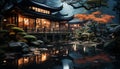 Japanese culture illuminated in ancient pagoda, reflecting on tranquil pond generated by AI Royalty Free Stock Photo