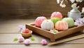 Japanese culture. An image of Hinamatsuri.Pink, green and white food