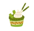 Japanese cupcake with matcha green tea flavour. Asian natural vegetarian sponge dessert. Healthy oriental dairy-free