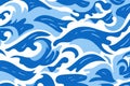 Japanese curl wave line pattern. Blue and white water wave, nautical sea tides.