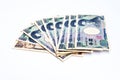 Japanese currency yen bank notes on white background, finance pl Royalty Free Stock Photo