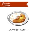 Japanese curry with boiled rice on shiny plate