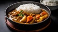 Japanese curry with rice on a black background. Selective focus.