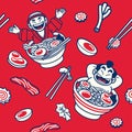 Japanese cute cartoon bath in ramen seamless pattern