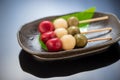 Japanese Dango dessert with 3 different color