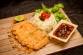 Japanese deep fried breaded fish cutlet with lime and ponzu sauce Royalty Free Stock Photo