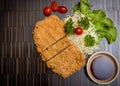 Japanese deep fried breaded pork cutlet served with shredded cabbage and tonkatsu sauce on black background. Stock photo Royalty Free Stock Photo