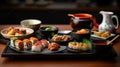 Japanese Delights Unleashed, A Tempting Assortment of Flavors on the Restaurant Table. Generative AI