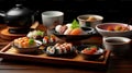 Japanese Delights Unleashed, A Tempting Assortment of Flavors on the Restaurant Table. Generative AI