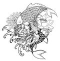 Japanese Demon mask and carp fish tattoo design.hand drawn Oni mask with chrysanthemum flower and koi fish with lotus tattoo.