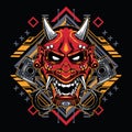 Japanese demon mask with tribal sacred geometry tshirt design