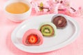 Japanese dessert daifuku mochi with sweet bean paste and fruits Royalty Free Stock Photo