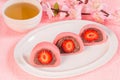Japanese dessert daifuku mochi with sweet bean paste and strawberry Royalty Free Stock Photo