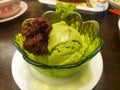 Japanese dessert style, Top view of green tea ice cream with red bean topping Royalty Free Stock Photo