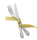 Japanese diet for weight loss. The fork and knife are wrapped in yellow measuring tape on white isolated