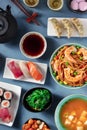 Japanese dinner, overhead flat lay shot of a variety of dishes of Japan Royalty Free Stock Photo