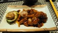 Japanese dinner plate chicken soy sauce and vegetables