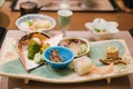 Japanese Dinner set and appetizer on wooden table in Traditional ryokan resort at Kawaguchiko lake, Yamanashi, Japan Royalty Free Stock Photo