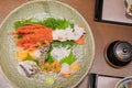 Japanese Dinner set; lobster, fish and appetizer on wooden table in Traditional ryokan resort at Kawaguchiko lake, Yamanashi, Royalty Free Stock Photo