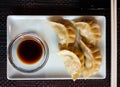 Japanese dish - dumplings gyoza with soy sauce on white plate Royalty Free Stock Photo