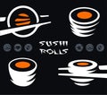 Japanese dish icon set, cold cooked rice with raw red fish garnish. Sushi and rolls bar stylized vector logo template. Royalty Free Stock Photo