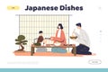 Japanese dishes concept of landing page with ethnic family having dinner with asian food together Royalty Free Stock Photo