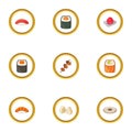 Japanese dishes icons set, cartoon style