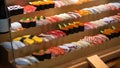 A Japanese display of artificial sushi, skillfully rendered as sampuru in Japan Royalty Free Stock Photo
