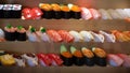 A Japanese display of artificial sushi, skillfully rendered as sampuru in Japan Royalty Free Stock Photo