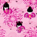 Japanese doll pink sakura firework wave line seamless pattern Royalty Free Stock Photo