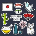 Japanese doodle icons, vector sticker illustration