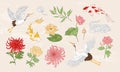 Japanese doodle set. Asia culture symbols. Chinese sketches. Cranes. Peonies and hrysanthemums, lotus in japanese style, vector